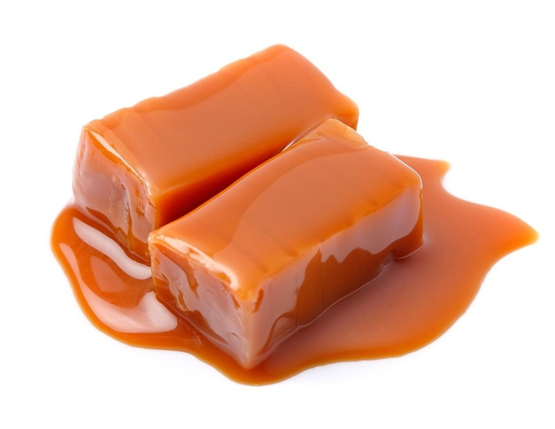Des bonbons au caramel et une garniture au caramel isolé sur fond blanc.